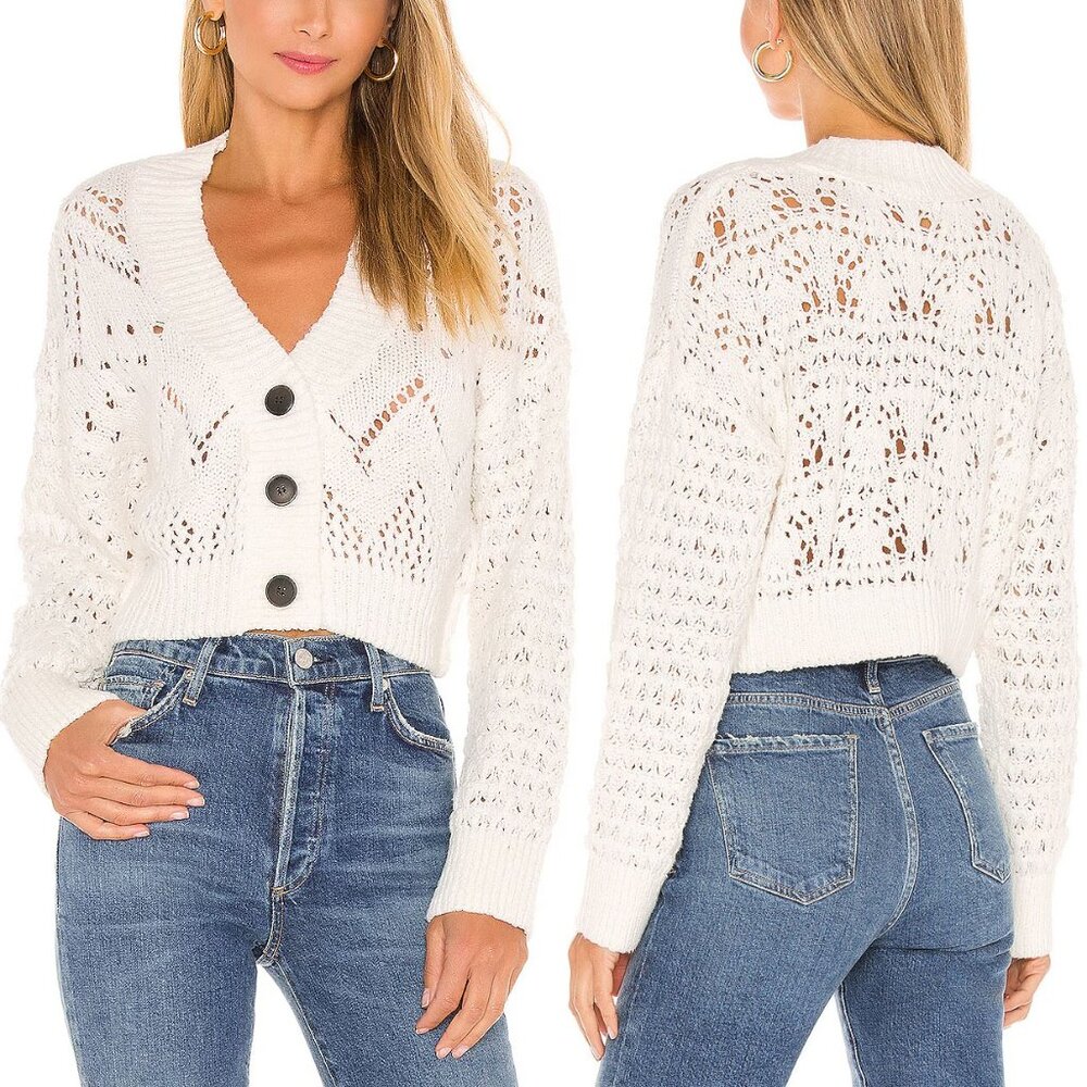 Free People Chloe Cardigan M Evening Cream White Loose Knit Cropped Sweater $128 - Picture 1 of 15